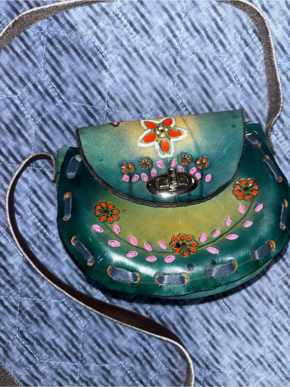 Teal Floral Leather Crossbody Bag